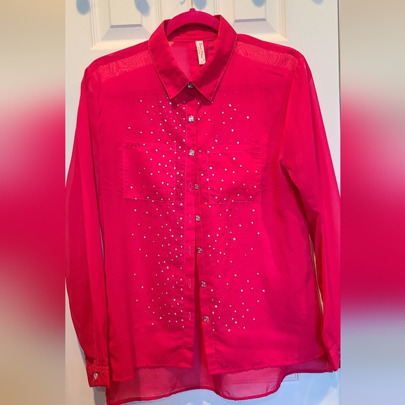 Sweet n Kool outfitters fuschia hot pink sheer rhinestone blouse L western rodeo - Picture 3 of 10